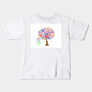 A flower tree with a girl and a bunch of flowers. Kids T-Shirt